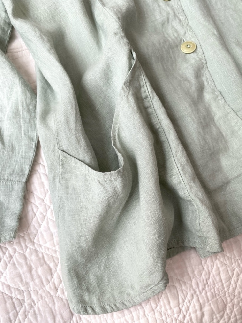 Flax 100% Sage Green Linen Button Front Tunic Shirt Top Long Sleeve Size L - Picture 12 of 16